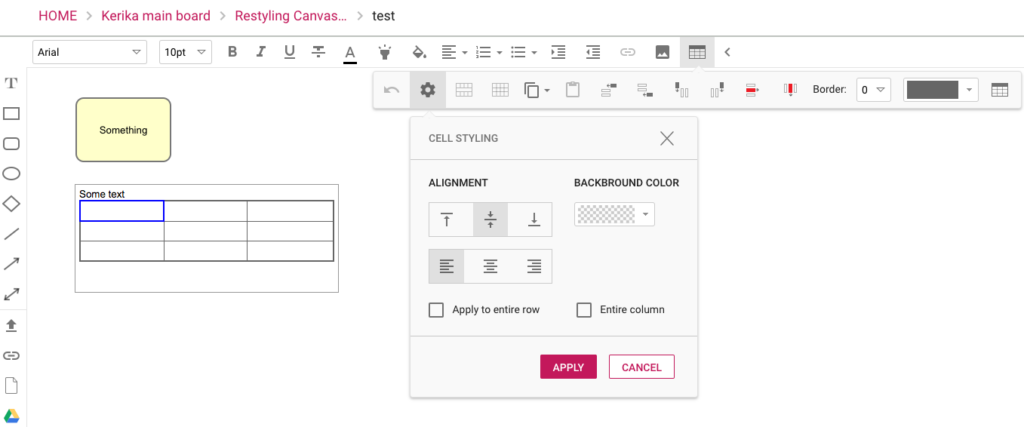 New Table toolbar