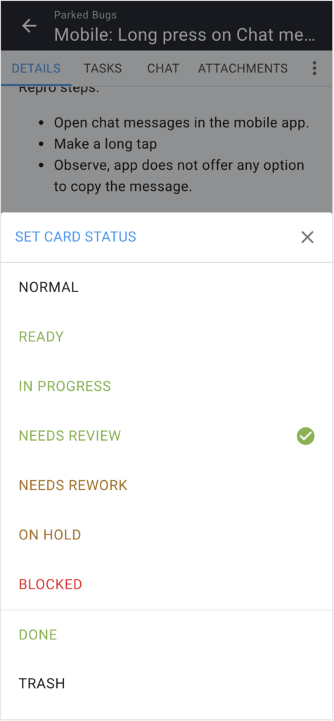 Screenshot of card details on mobile