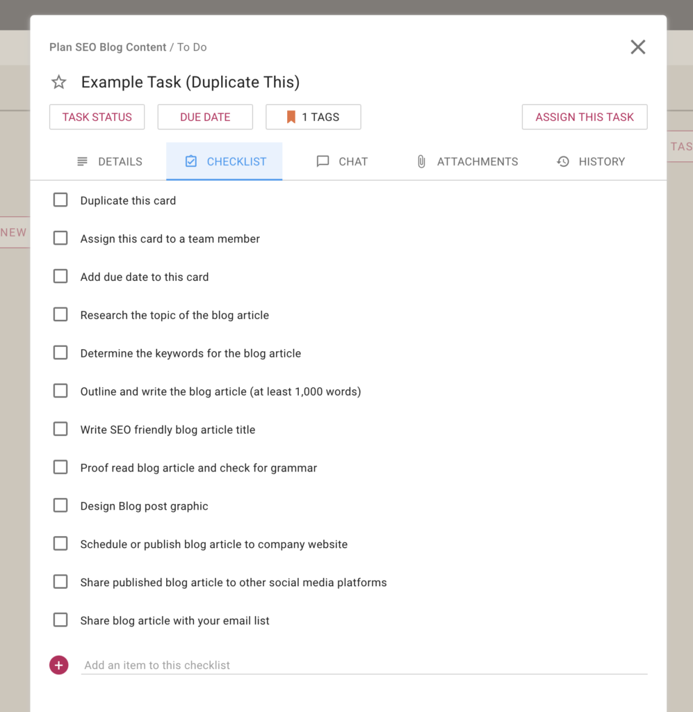 Screenshot showing an example of blog post task