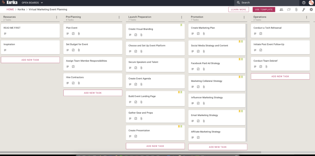 Screenshot of template for planning a virtual marketing event