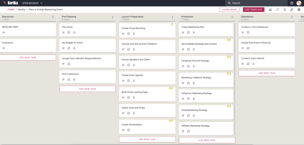 Screenshot of template for planning a virtual marketing event