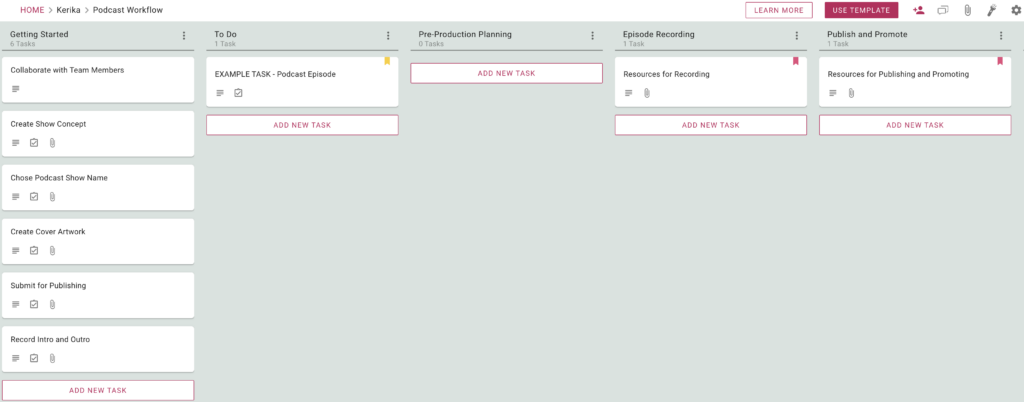 Screenshot showing Podcast Workflow template