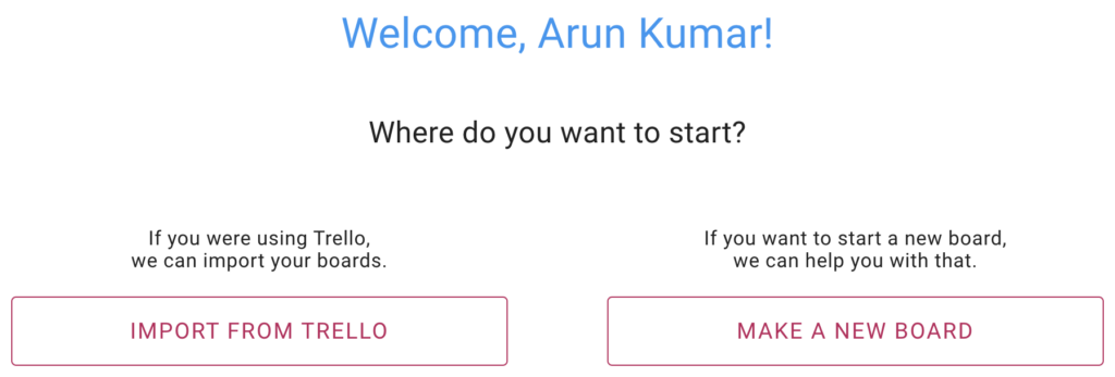 Screenshot showing how new Kerika users can import boards from Trello
