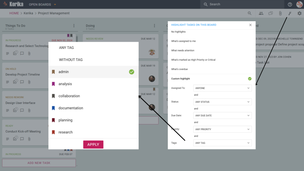Screenshot showcasing how Kerika tags dramatically improve focus through the 'Highlight Tasks' feature. The image shows selecting the 'admin' tag within the 'Custom highlight' options, instantly filtering the board view. This demonstrates how easily users can cut through clutter and zoom in on specific categories of work, saving time and boosting productivity. Combining tags with other filters offers powerful workflow flexibility for targeted task management.
