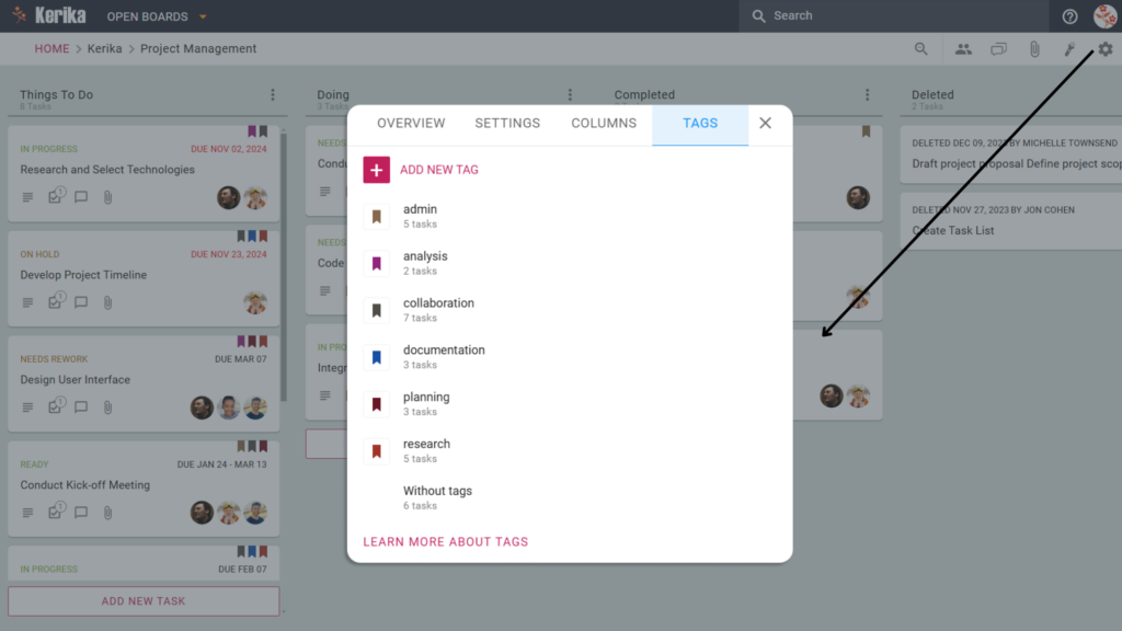 Screenshot demonstrating the straightforward process of creating and managing tags in Kerika's board settings. Accessed via the gear icon, the 'TAGS' tab provides a central location to 'ADD NEW TAG', edit existing ones, and see how many tasks use each tag. This highlights Kerika's ease of use and customization capabilities, empowering teams to define their own organizational system for any project, ensuring the tool perfectly adapts to their unique workflow.
