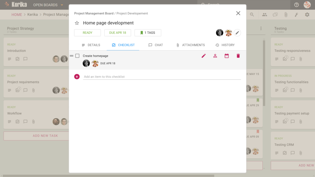 This Kerika task card showcases the power of checklists to break down complex tasks like "Home page development" into manageable steps. See how easily you can add items and gain clarity on the individual actions required for successful completion.