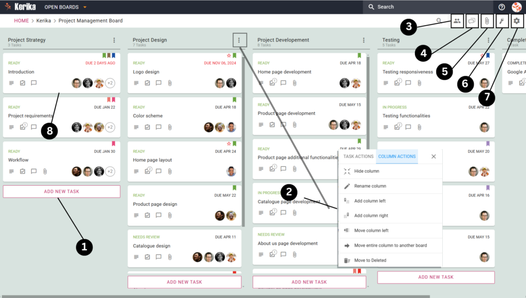 Customize your project workflow with Kerika. This image demonstrates features for adding tasks, customizing columns, managing team members, centralizing communication, and sharing files. Tailor the board to your unique project needs and empower your team to collaborate effectively. See how Kerika's flexibility can boost your team's productivity